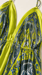 Close-up of plunging neckline and patterned fabric detail
