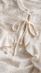 Close-up detail of cardigan tie front and knit texture