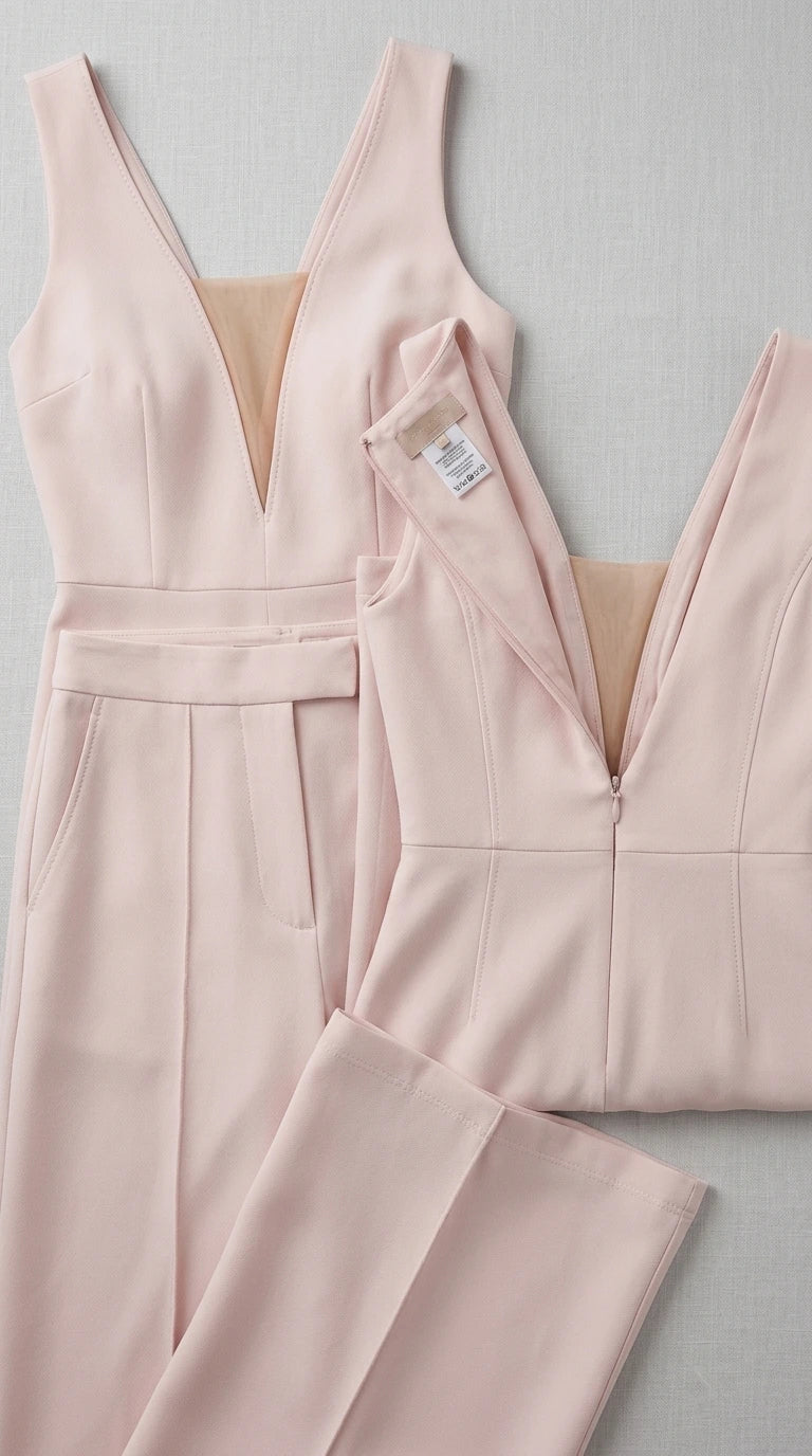 Detailed flat lay of blush pink jumpsuit construction and zipper
