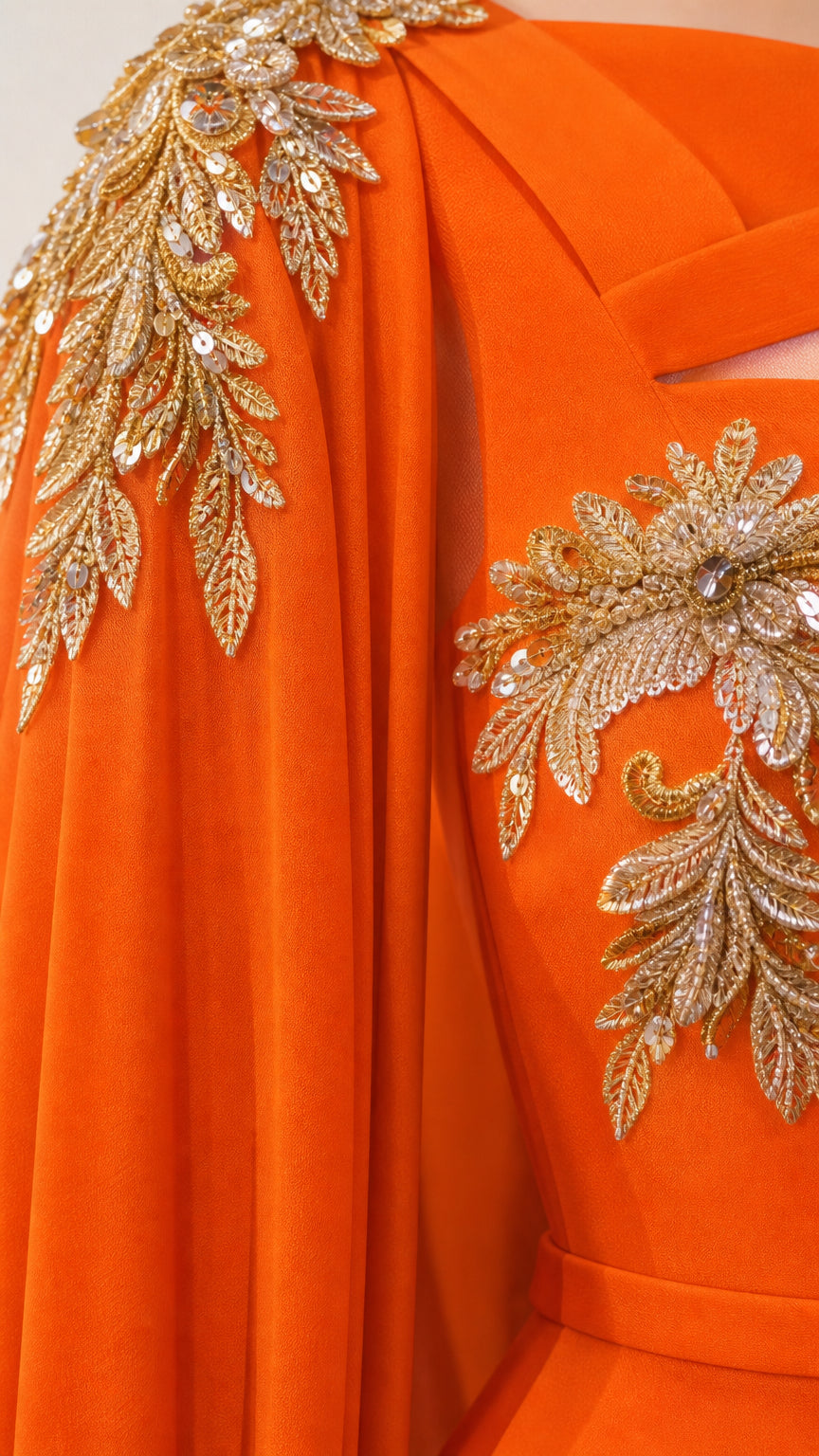 Close-up detail of gold leaf embroidery and sequin appliqués