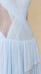 Close-up of pleated bodice and sheer lace side panel
