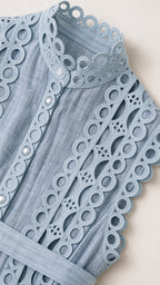 Close-up of stand collar and cutout lace details on Light Blue dress