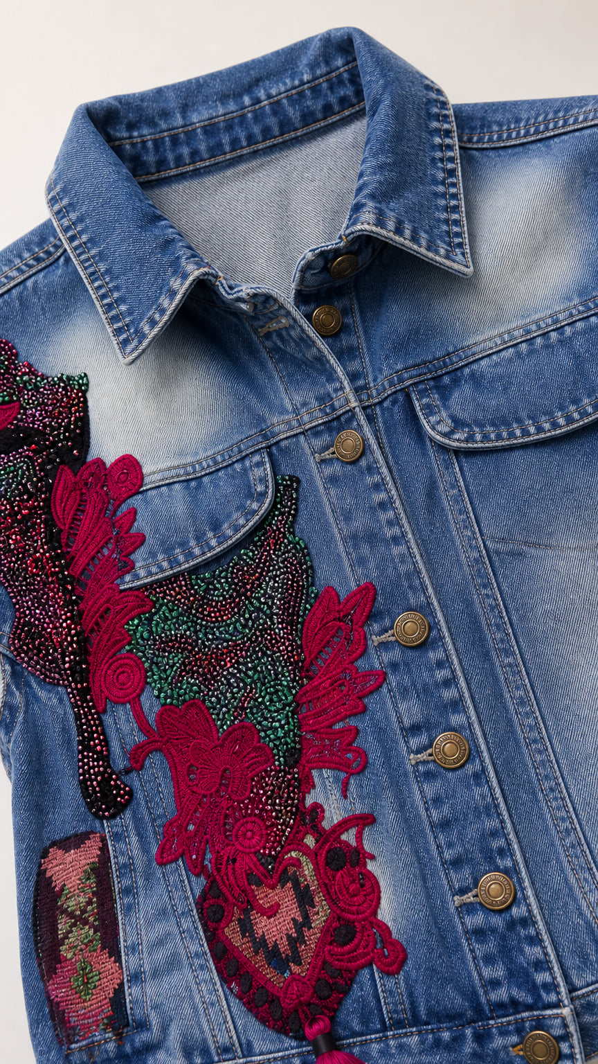 Close-up detail of denim vest collar and red floral embroidery