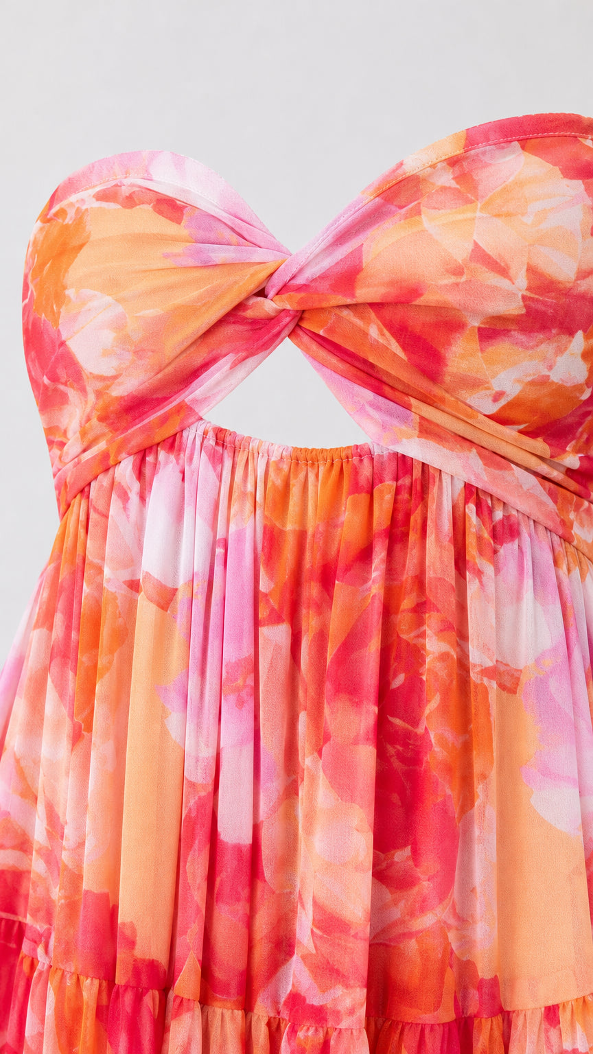 Close-up of twist-front bodice and cutout detail
