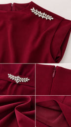 Detail view of shoulder and waist rhinestone embellishments in burgundy