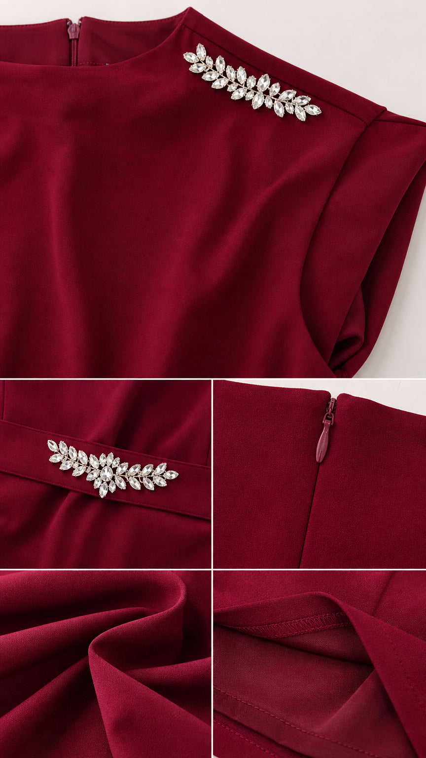 Detail view of shoulder and waist rhinestone embellishments in burgundy