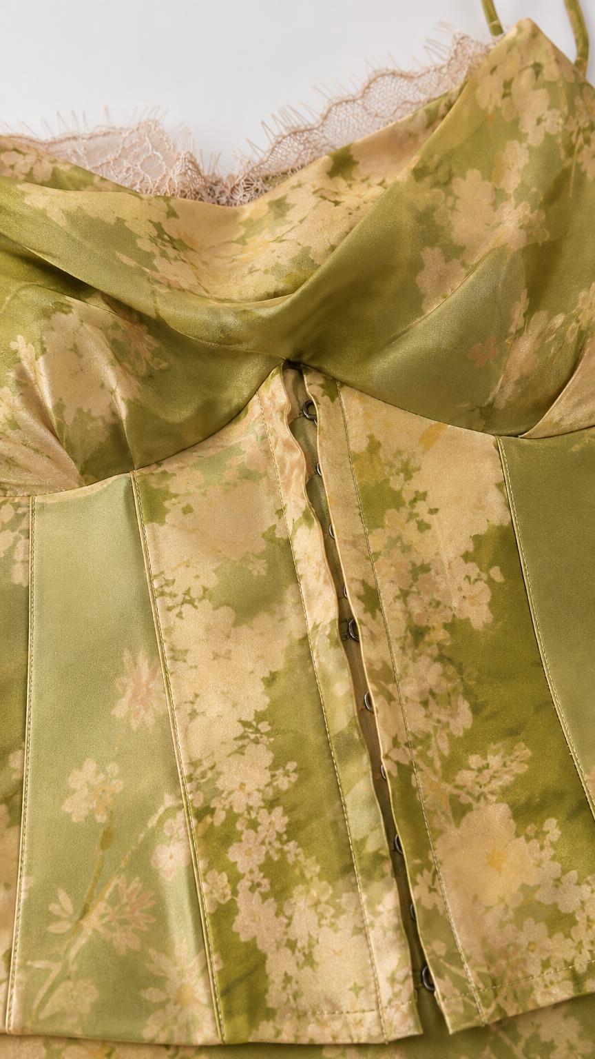 Close up of bodice texture and button closure