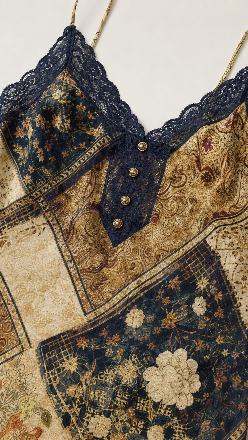 Close-up of lace trim and button details on bodice