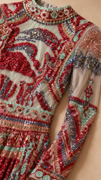 Close-up of sequin and bead embroidery on high neck bodice
