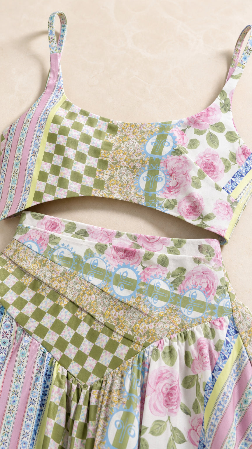 Close-up detail of the crop top and skirt patchwork fabric