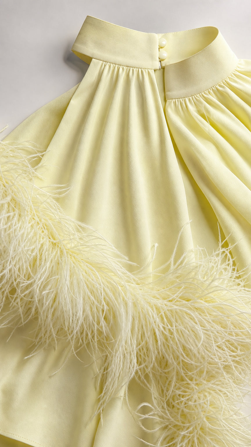 Close-up detail of high collar and feather trim on yellow dress
