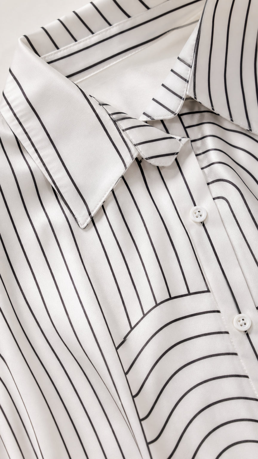 Close-up detail of the shirt collar and geometric pattern fabric