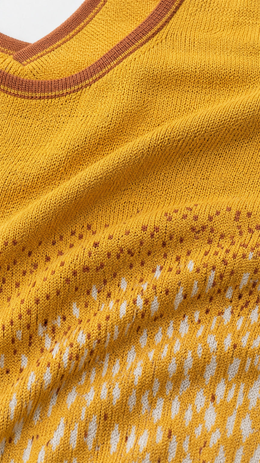 Close-up detail of yellow knit texture and neckline