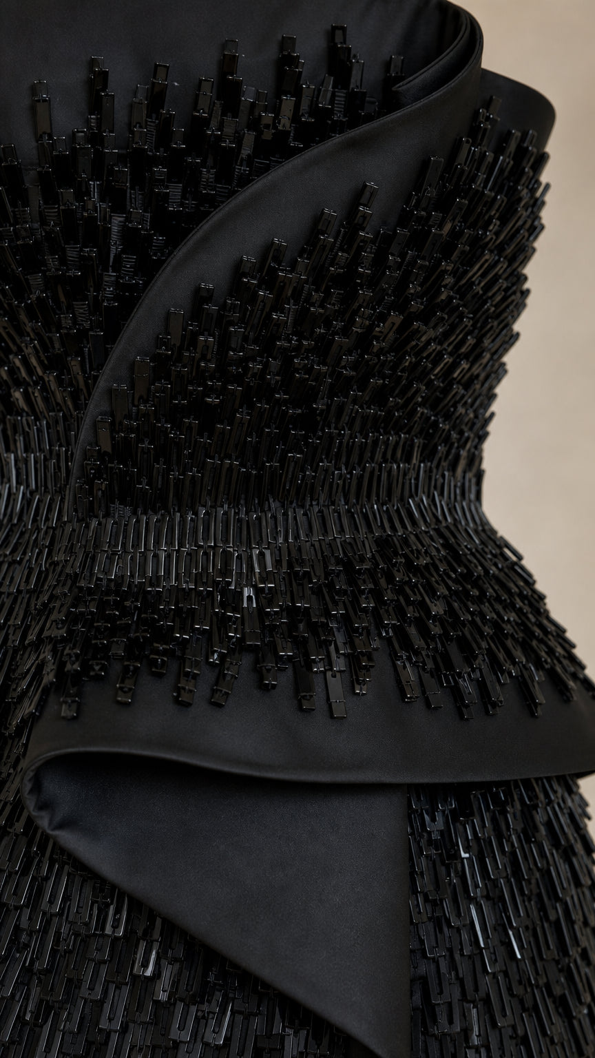 Close-up detail of black textured beadwork and satin peplum waist