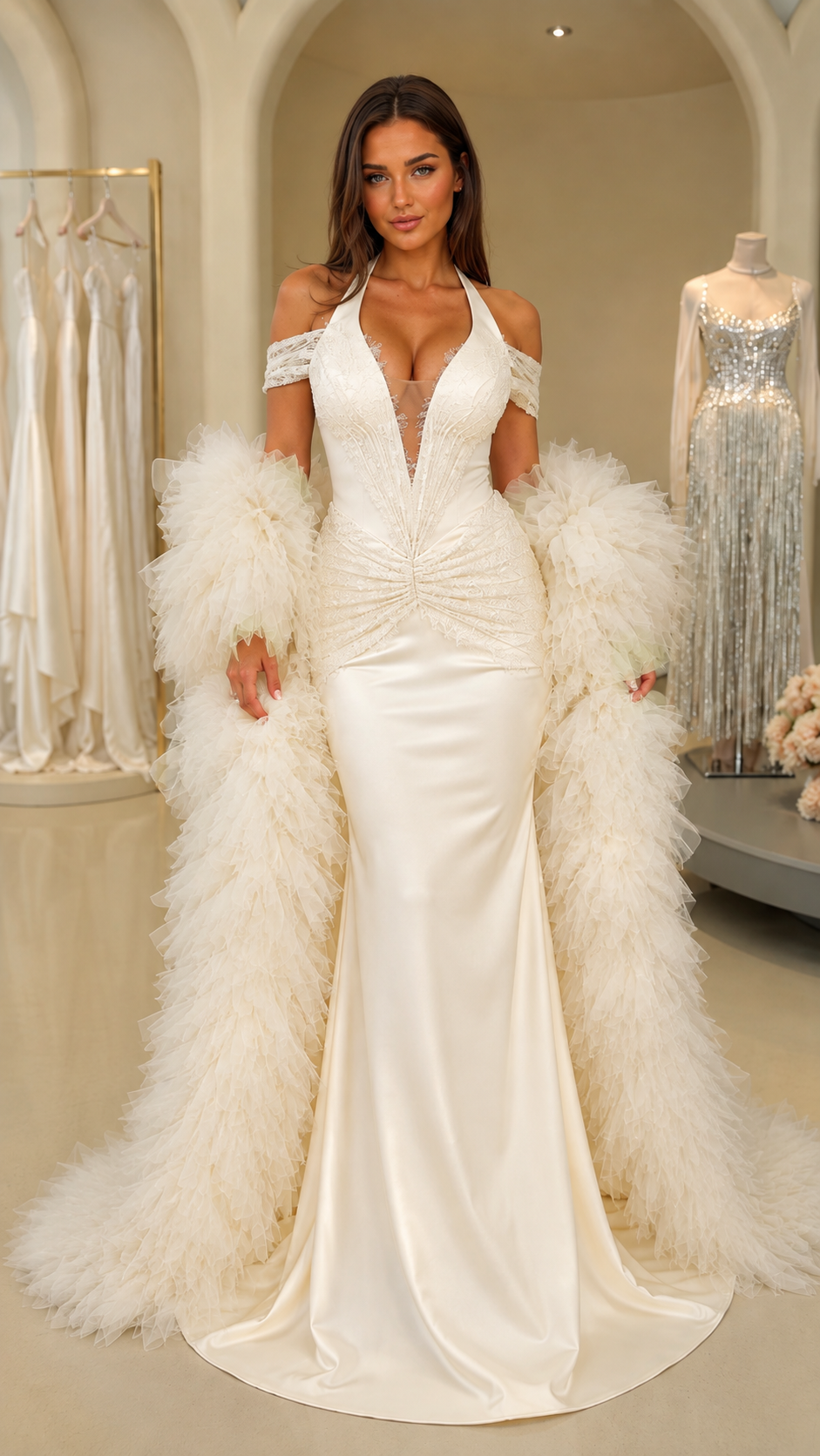 Model in ivory satin evening gown with feathered accessories