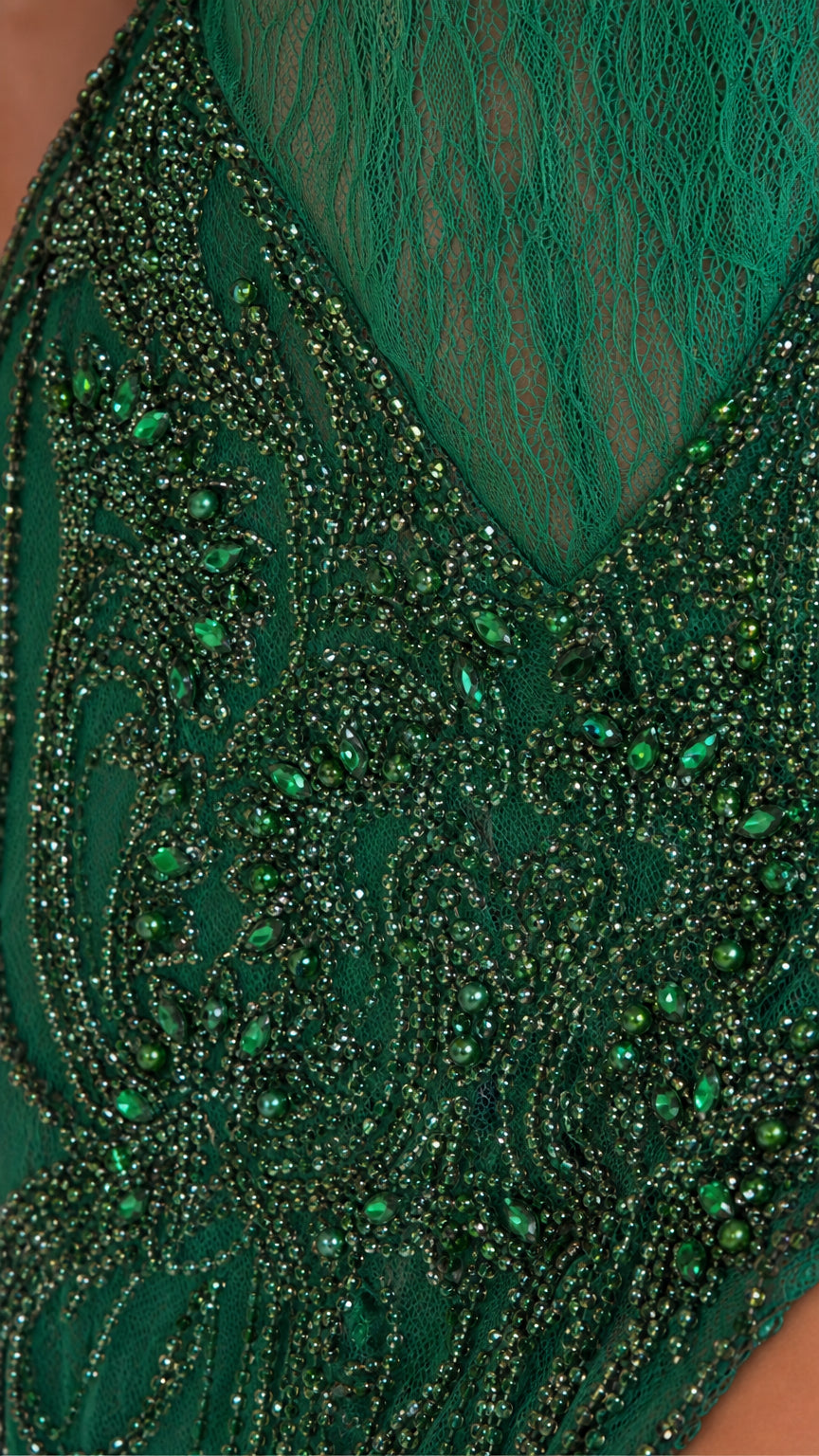 Close-up detail of green lace and crystal beadwork