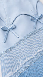 Close-up of bodice, bows, and beadwork on light blue gown