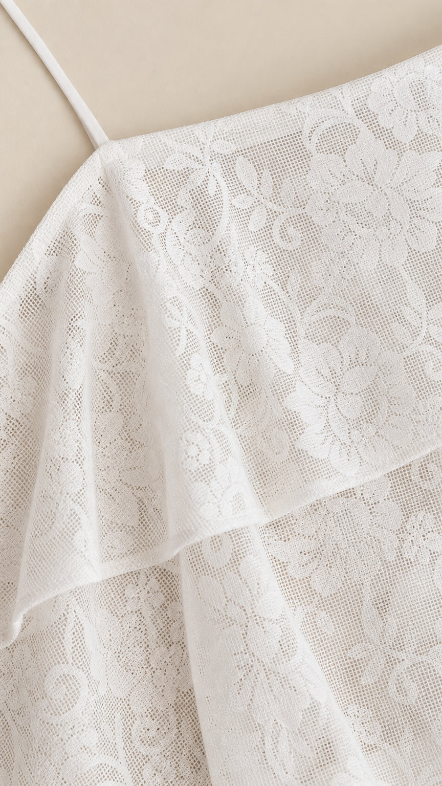 Close-up detail of white floral lace fabric and strap construction