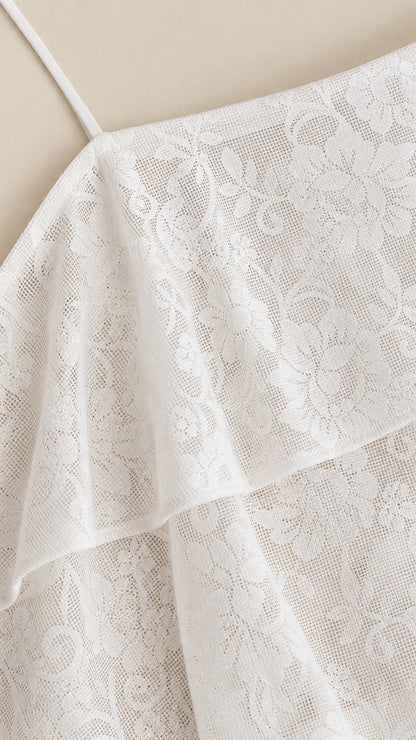 Close-up detail of white floral lace fabric and strap construction