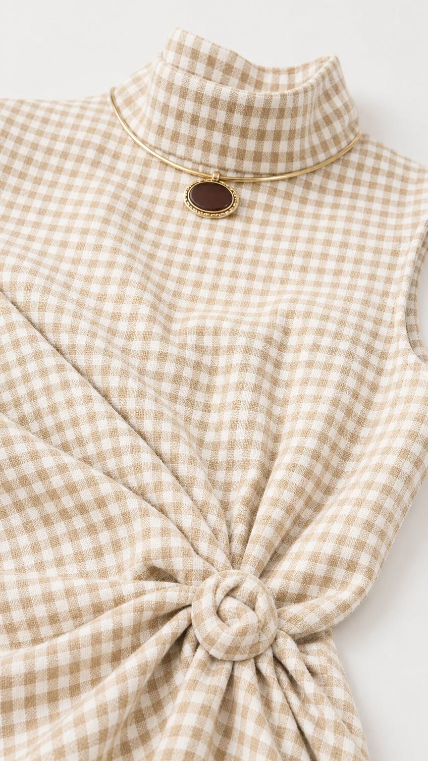 Close-up detail of mock neckline and waist knot on beige gingham dress