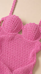 Close-up of textured crochet bodice and straps
