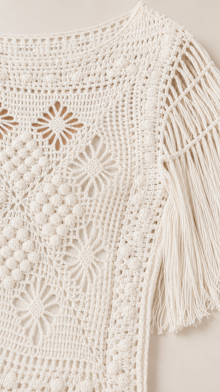 Close-up detail of upper bodice and fringe sleeves