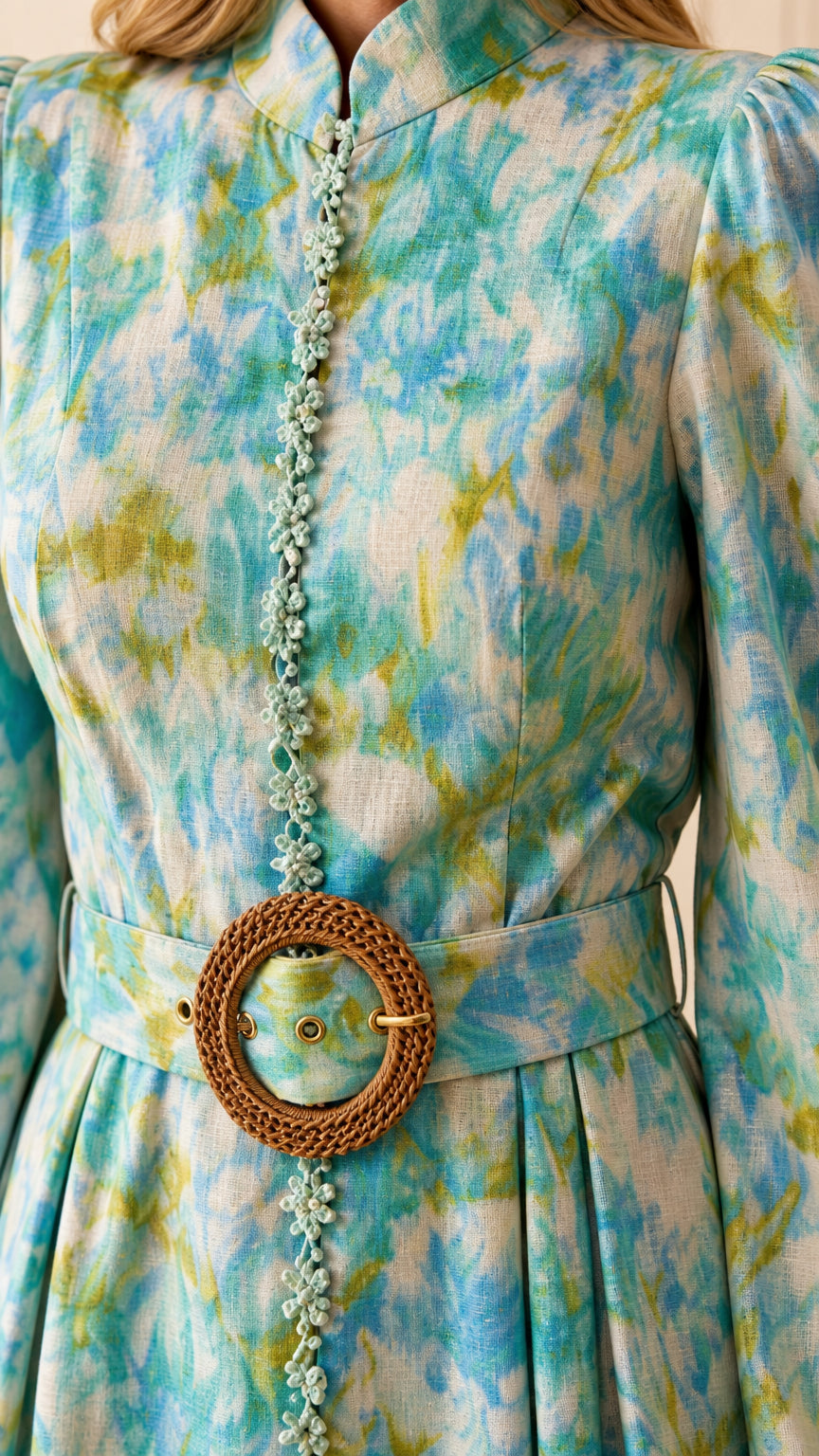 Close-up of mandarin collar, loop buttons, and woven belt on blue multi dress