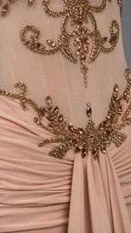 Close-up detail of gold beading on corset bodice