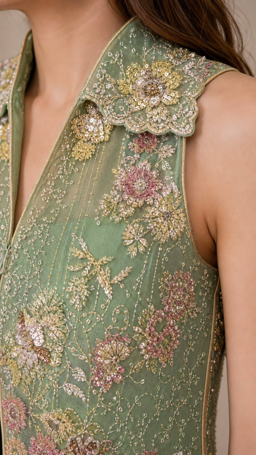 Close-up detail of floral embroidery and lapel collar on sage green vest