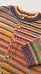 Close-up detail of cardigan buttons, collar, and knit texture