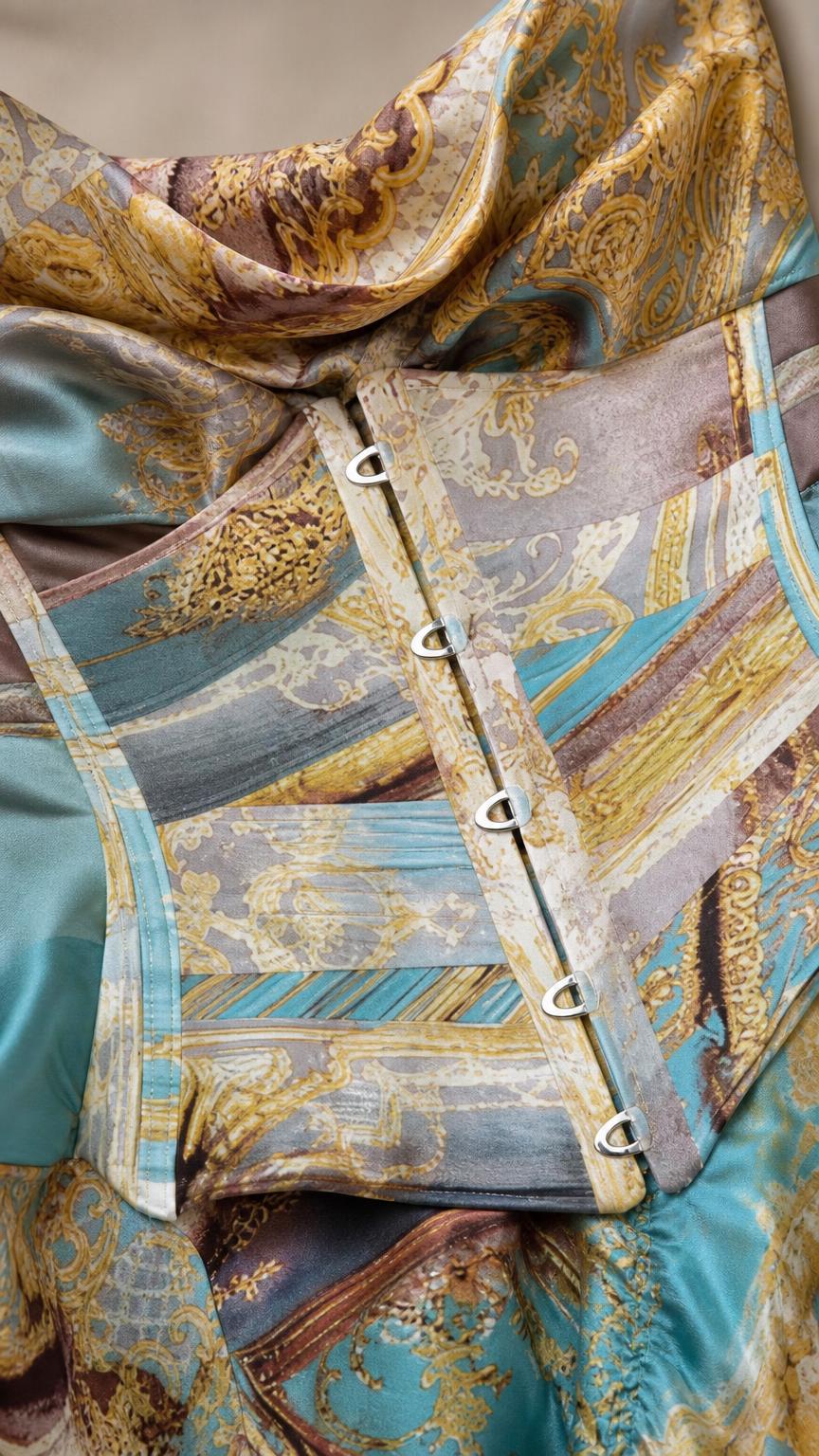 Close-up detail of the hook-and-eye corset front and printed fabric