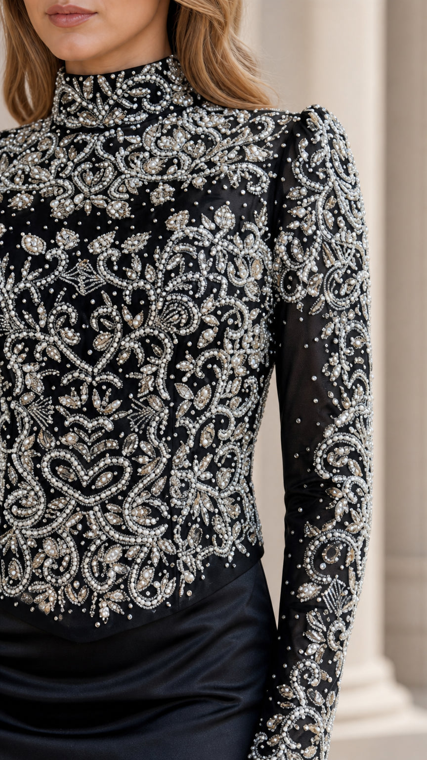 Close-up of beaded mock neck bodice