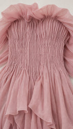 Close-up detail of smocked bodice and ruffled neckline