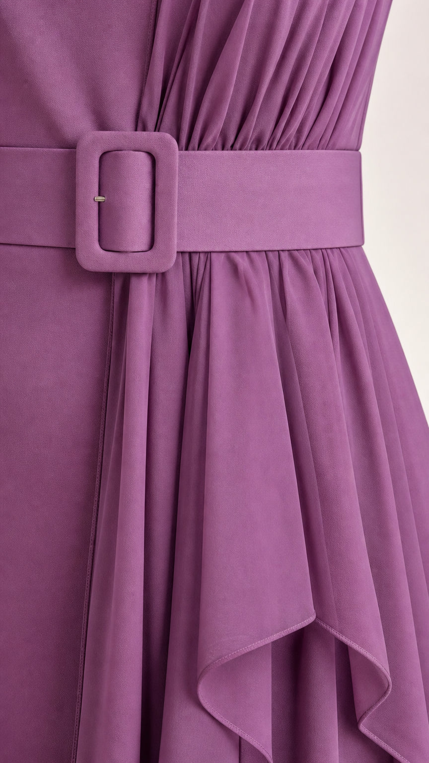 Close up of matching belt and ruffle detail on purple midi dress