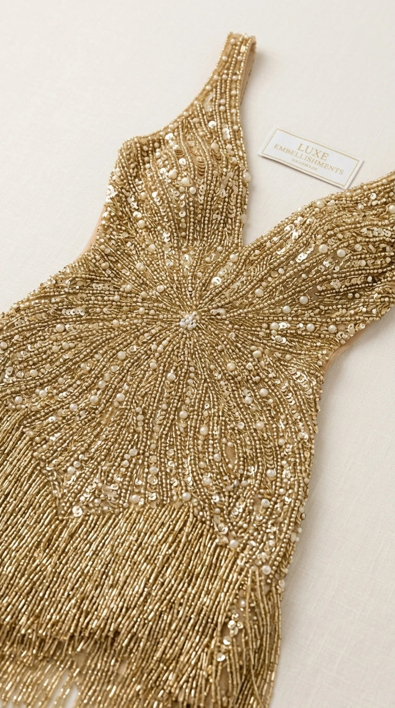 Close-up detail of intricate beadwork and fringe on the gold dress