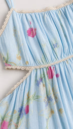 Close-up of lace trim and floral fabric pattern on light blue dress