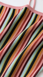 Close-up detail of multi-color striped knit fabric and strap