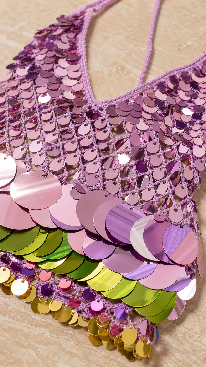 Close-up detail of the pink and multi-colored sequin pattern and halter neckline
