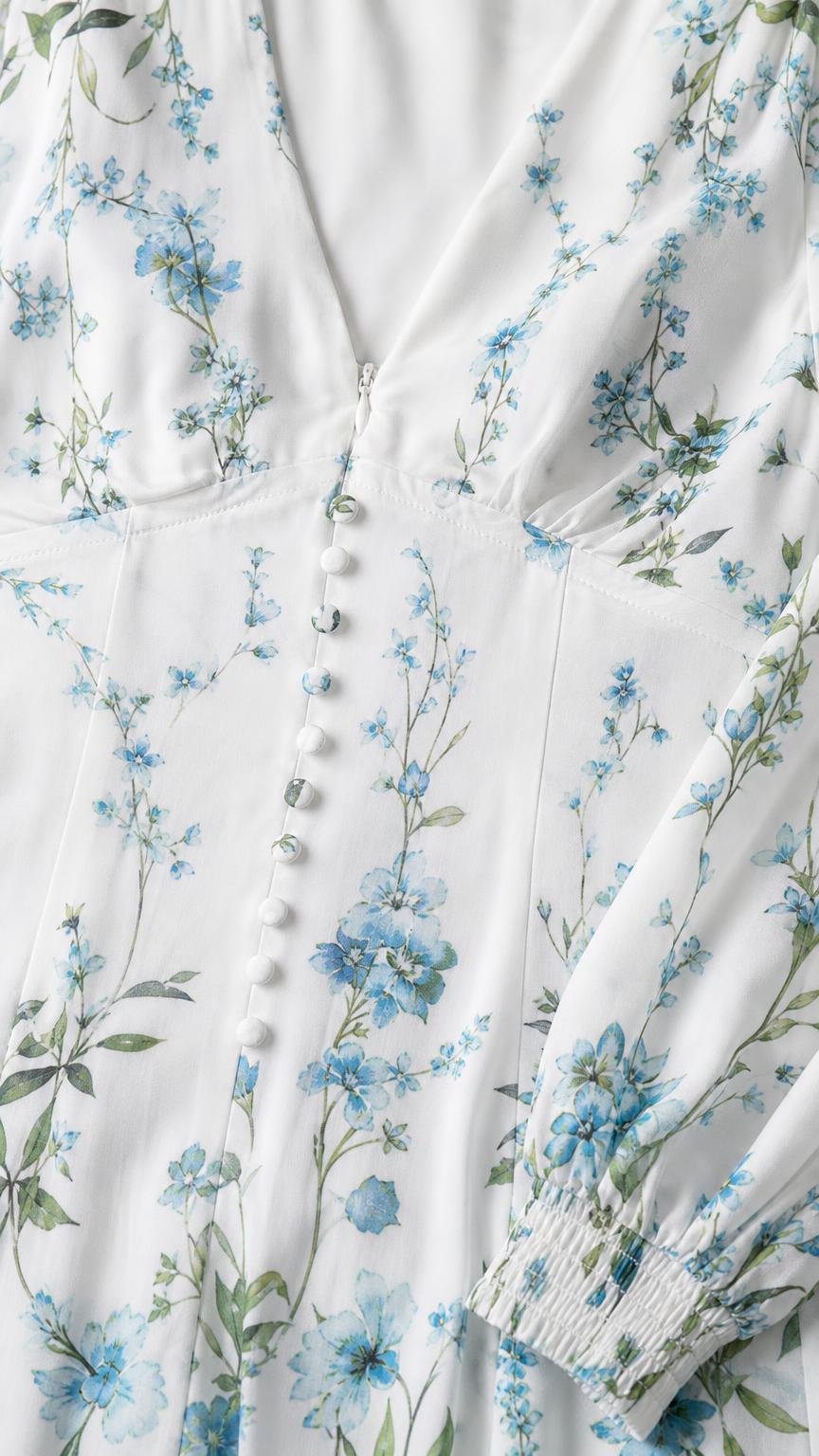 Close-up of V-neckline, buttons, and floral print fabric