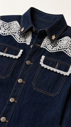 Close-up of front collar, button placket, and lace shoulder details