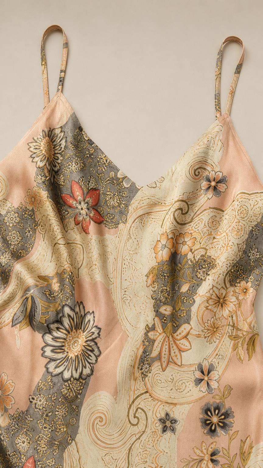 Close-up detail of the floral and paisley pattern on the satin slip dress