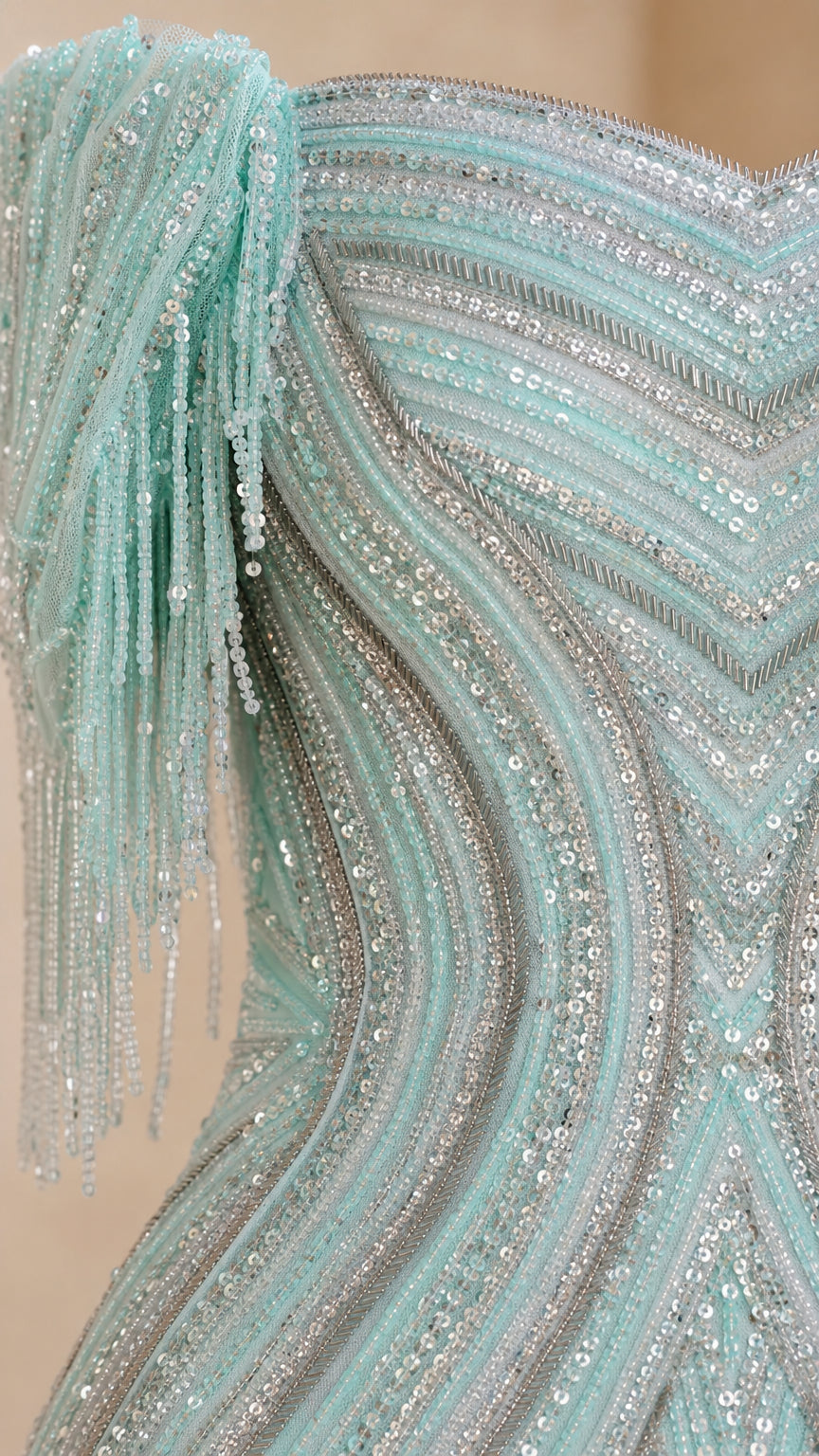Close-up of sequin and fringe texture on mint dress