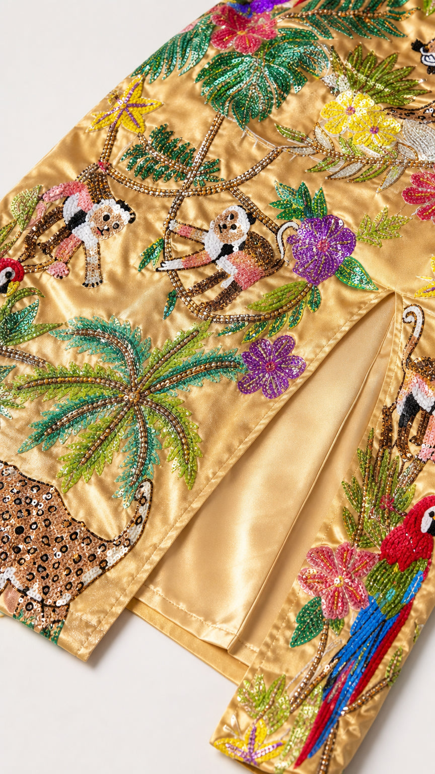 Close-up detail of embroidery and side slit on gold dress