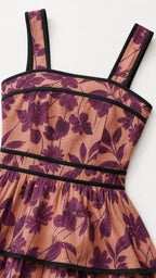Close-up of square neckline and floral fabric pattern with contrast piping