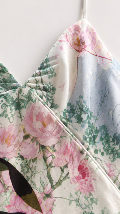 Close-up fabric texture and floral pattern detail of maxi dress