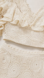 Close-up detail of the crochet texture and ruffle neckline