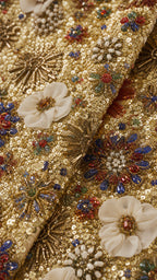 Close-up of intricate gold sequins, beads, and white floral appliqués