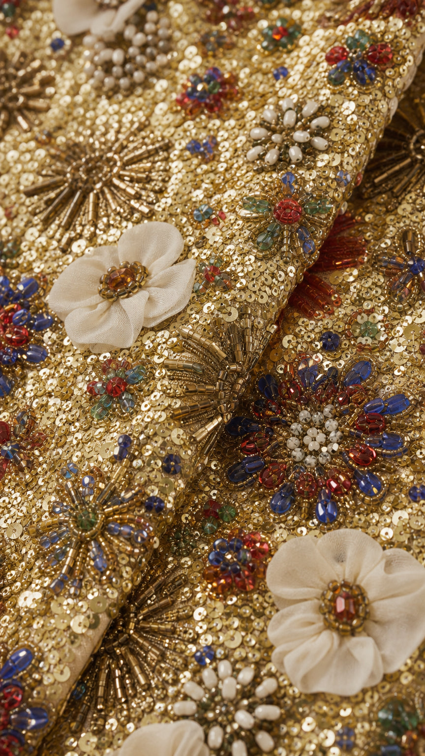 Close-up of intricate gold sequins, beads, and white floral appliqués