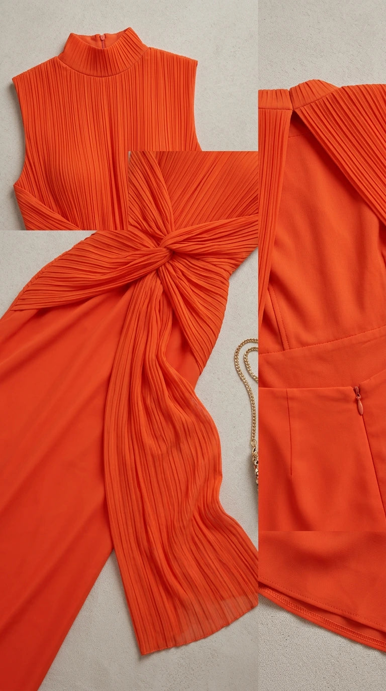 Close-up flat lay details of orange pleated bodice and fabric texture