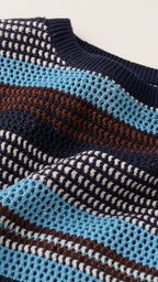 Close-up detail of the open-weave knit fabric and stripes
